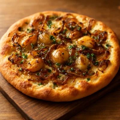 Finished roasted garlic and caramelized onion flatbread on a wooden board