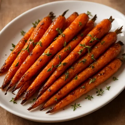 Roasted carrots glazed with honey, orange oil, and thyme on a serving platter