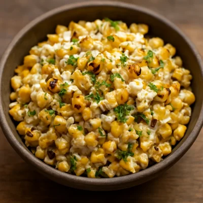 Roasted street corn with cotija, lime, cilantro, and a serrano pepper finish