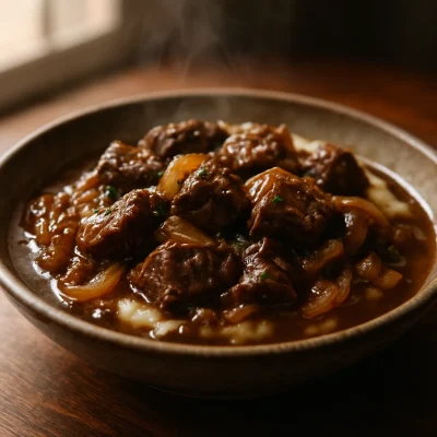 Slow-roasted beef tips with caramelized onion herb gravy