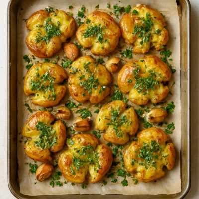 Crispy smashed potatoes with garlic and herbs on a sheet pan