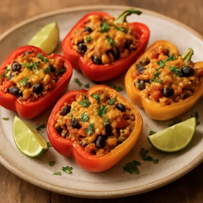 Finished southwest stuffed bell peppers filled with rice, black beans, corn, and melted cheese