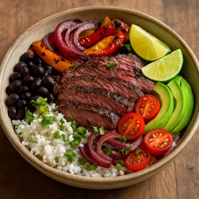 Southwestern carne asada bowls with rice, black beans, grilled steak, avocado, and vegetables