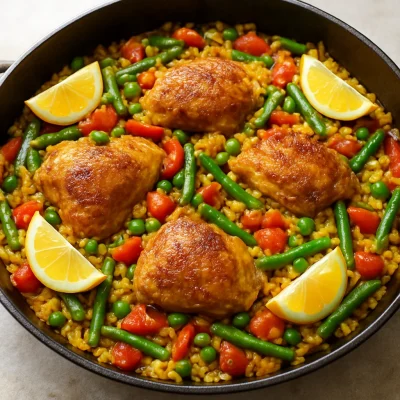 Valencian-style chicken and vegetable rice with peppers, peas, and lemon wedges