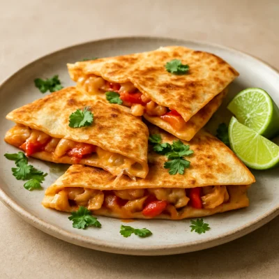 Golden spicy chicken quesadillas with melted cheese, peppers, and lime wedges