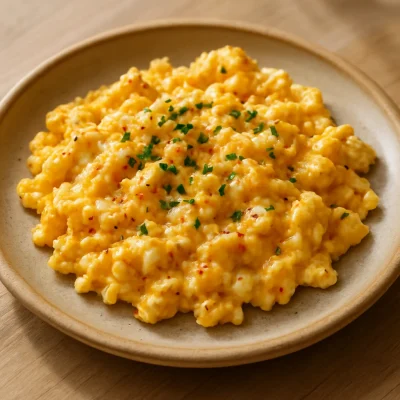 Spicy scrambled eggs with melted pepper jack cheese and chives