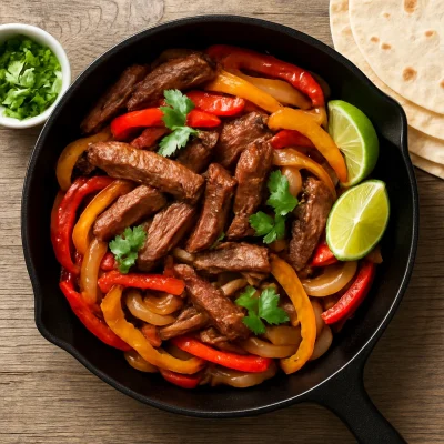 Steak fajita skillet with charred peppers, onions, lime, and tortillas