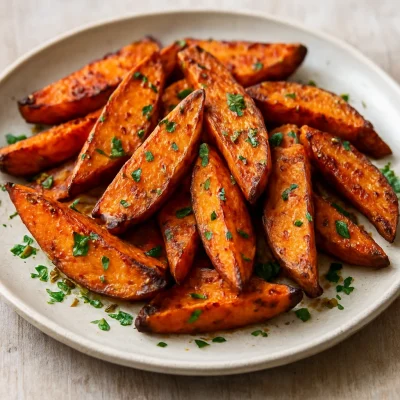 Roasted sweet potato wedges finished with smoky spicy olive oil and parsley