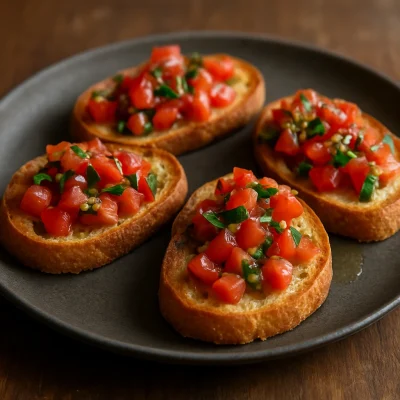 Rustic tomato bruschetta topped with basil and olive oil on toasted bread