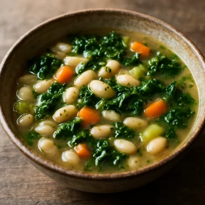 White bean and kale soup with kale, cannellini beans, and a Tuscan olive oil finish