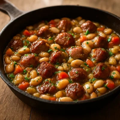 White bean and sausage skillet finished with herbs and parsley in a rustic pan